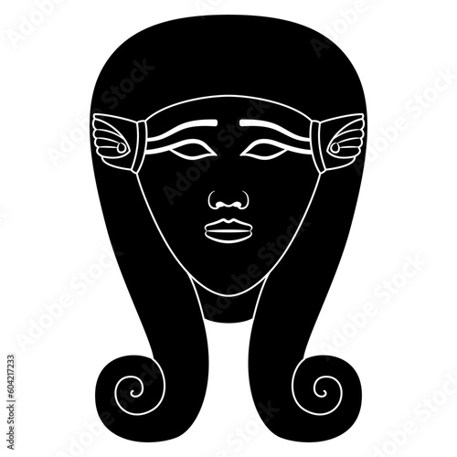 
Head of ancient Egyptian goddess Hathor. Ethnic mask. Black and white negative silhouette.