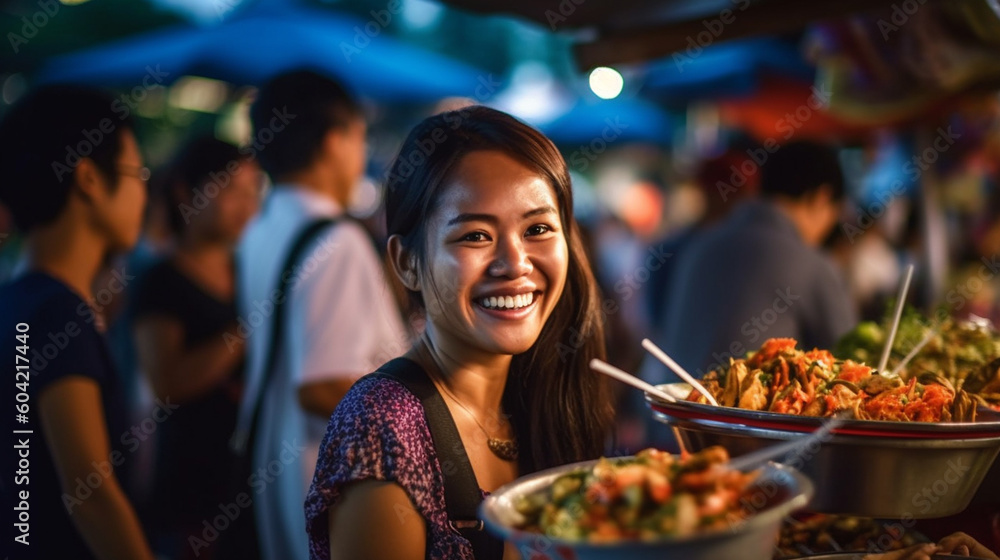 young adult woman is a vendor in a night market, night market food, street stall vendor, local people