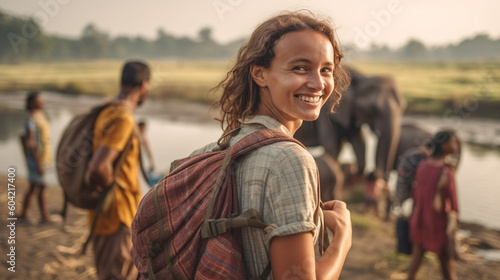 young adult woman going on a hiking trip, hiking, wanderlust, backpacking in the countryside, herd of elephants, see elephants up close, holiday in tropical, fictional place