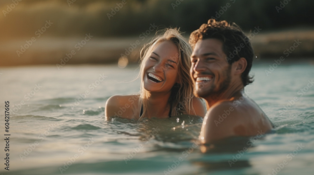 young adult woman and man or teenager swims in swimming pool with warming comfortable sunshine, vacation, tropical climate, summer vacation, cool wet young adult woman and man or teenager swims in swimming pool with warming comfortable sunshine, vacation, tropical climate, summer vacation, cool wet