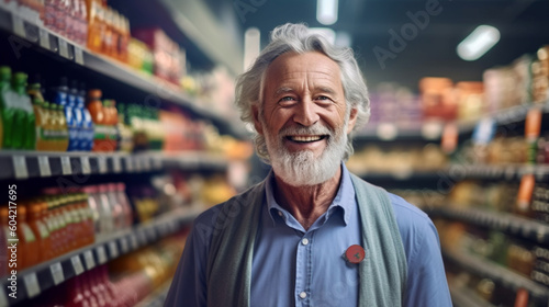 old man with gray hair shopping in a supermarket, stands between product shelves with products, shopping and shopping, buying groceries