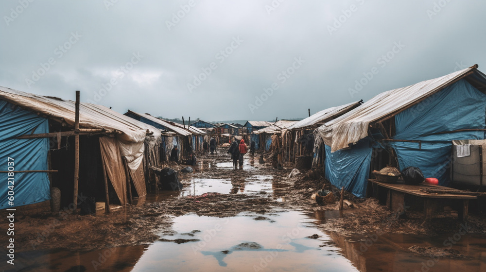 Tent city, fictional place, poverty in the dirt and old leaky tents, living on the street, emergency camp, emergency sleeping place or refugee camp made of tents Tent city, fictional place, poverty in the dirt and old leaky tents, living on the street, emergency camp, emergency sleeping place or refugee camp made of tents