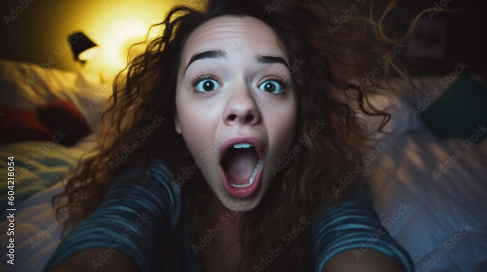 very happy young adult woman with mouth open, having fun joy, at home on bed using mobile phone, taking selfie or social media, euphoria and happy using mobile phone. Generative AI