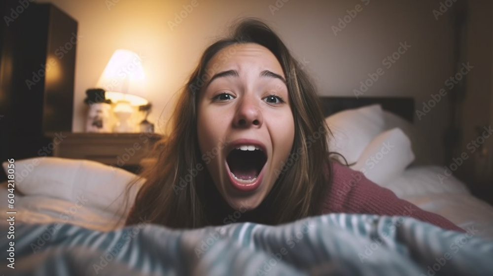 very happy young adult woman with mouth open, having fun joy, at home on bed using mobile phone, taking selfie or social media, euphoria and happy using mobile phone. Generative AI very happy young adult woman with mouth open, having fun joy, at home on bed using mobile phone, taking selfie or social media, euphoria and happy using mobile phone. Generative AI