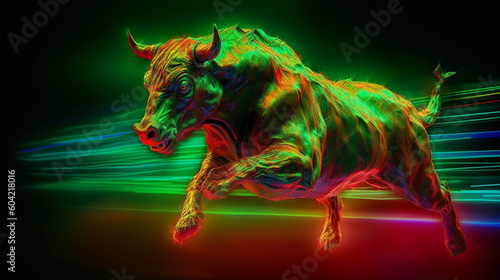 green strong bull jumps and runs symbolically bitcoin bull, abstract neon vibrant lights radiantly bright brightly colored