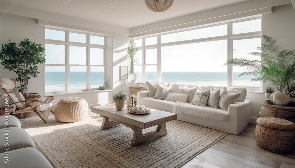 Fototapeta premium Modern luxury living room with comfortable sofa, elegant armchair, and glass table generated by AI