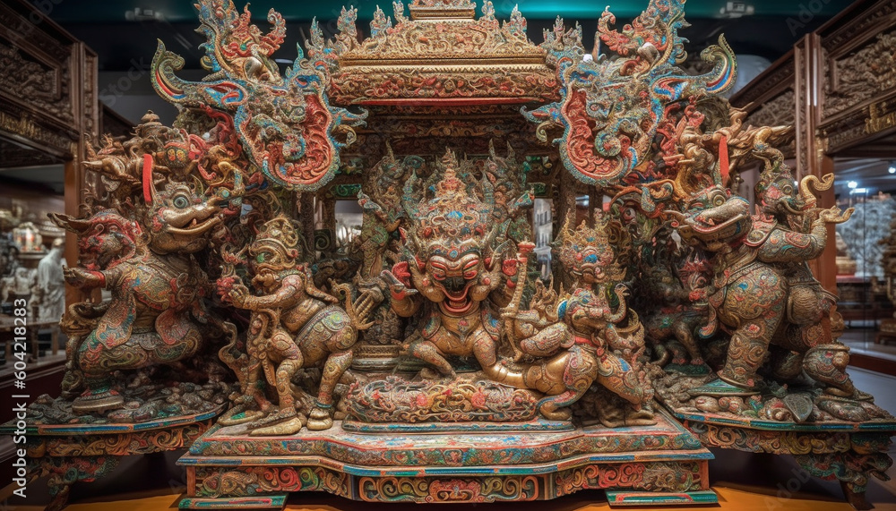 Colorful Hindu sculpture decorates famous pagoda, symbolizing spirituality and tradition generated by AI