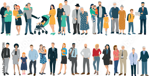illustration vectorielle représentant une foule de gens, d'âge et de race différents. Des enfants, des personnes âgées, des familles. Flat design.