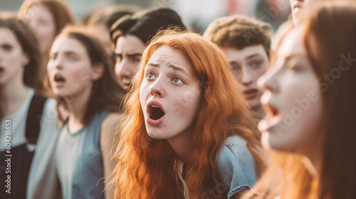 young adults or teenagers  girls and boys  mass gathering  protest demonstrating militant outraged and aggressively upset