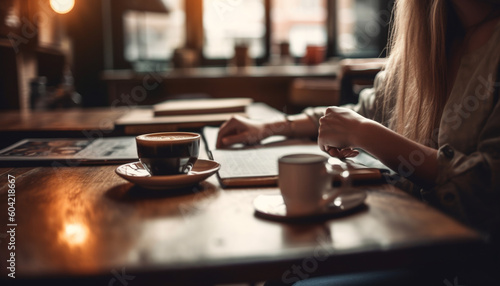 One woman enjoying a cappuccino at a cozy coffee shop generated by AI