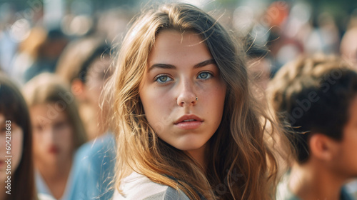 young adult woman in crowd,...
