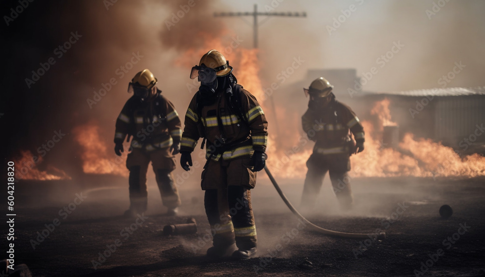 Firefighters in protective suits extinguish burning physical structure with hose generated by AI