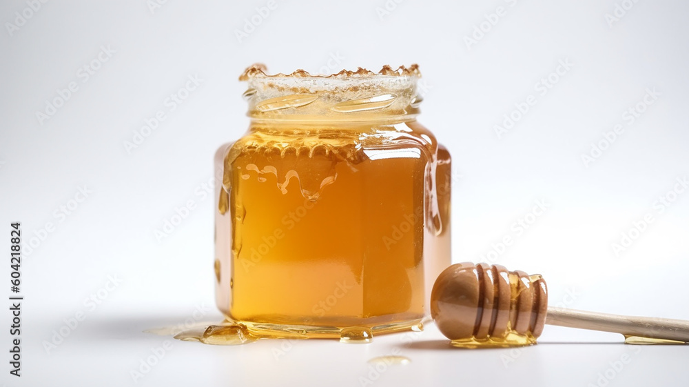 Jar of honey with wooden dipper with generative ai technology Jar of honey with wooden dipper with generative ai technology