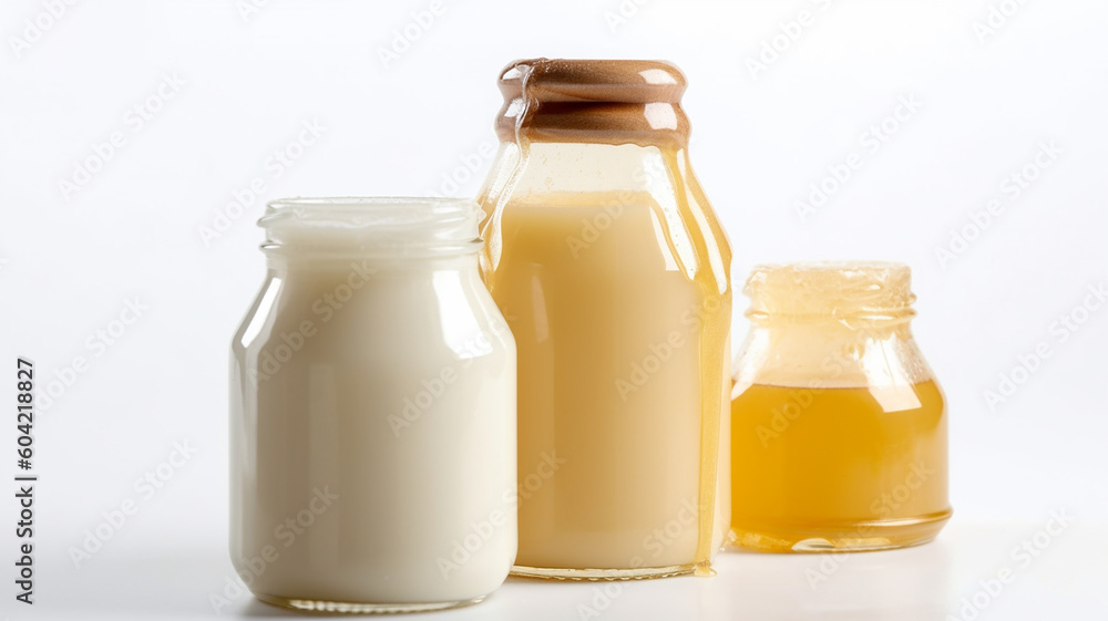Bottle of honey, milk, and buttermilk with generative ai technology Bottle of honey, milk, and buttermilk with generative ai technology