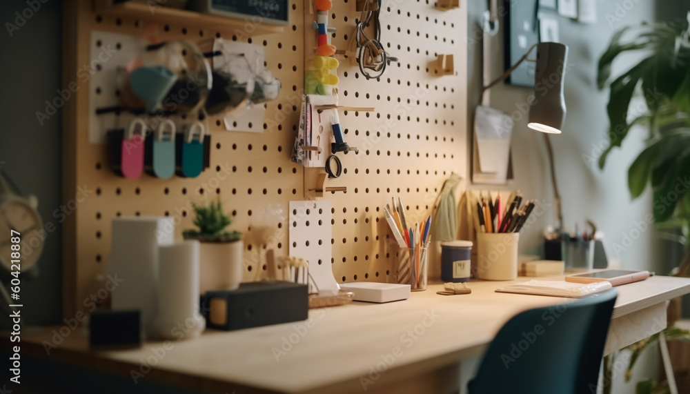 Modern office desk, crafted with creativity, equipped with technology generated by AI