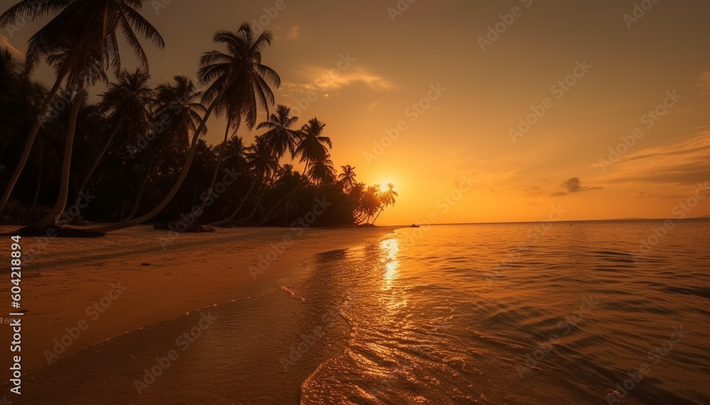 The tranquil scene of a tropical sunset over the coastline generated by AI