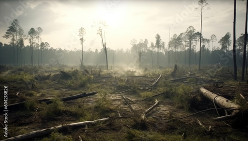 Burning forest, environmental damage, destruction of natural phenomenon, polluted air generated by AI