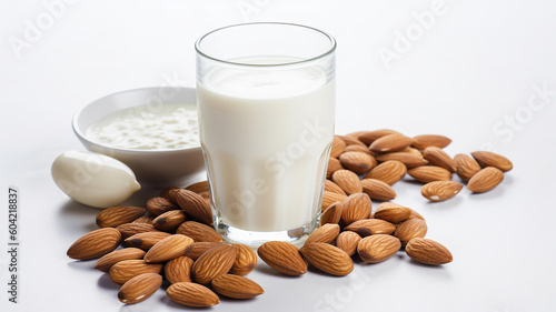Glasses of milk and almonds with generative ai technology