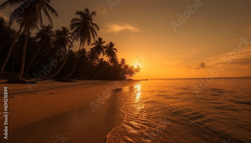 The tranquil scene of a tropical sunset over the coastline generated by AI © Stockgiu