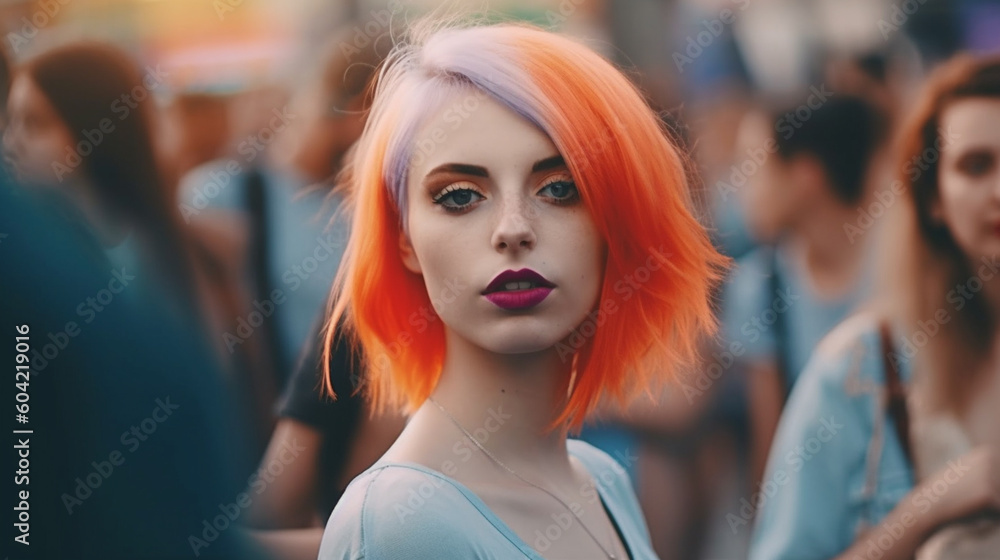 everyday life of a young adult woman or teenage girl, outdoors, fictitious place, warm nice weather, hair dyed red, slim woman, people in the background, public place