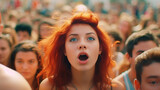 astonished young adult woman with red hair in a crowd crowd of people, summer sun, open mouth, fictional event