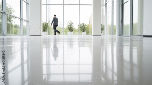 big empty office, white floor and big windows