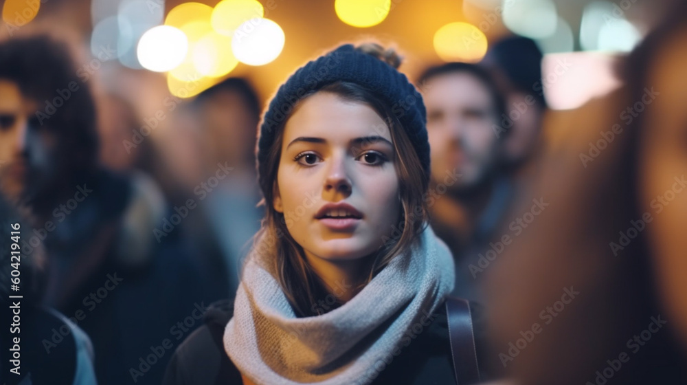 young adult woman in crowd, fictional location young adult woman in crowd, fictional location
