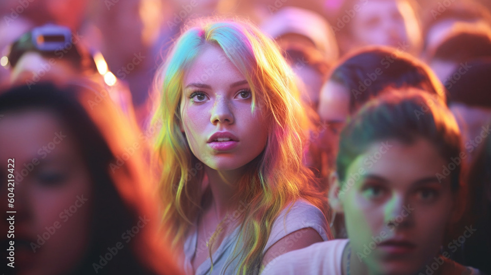 young adult woman in crowd at night, fictional location