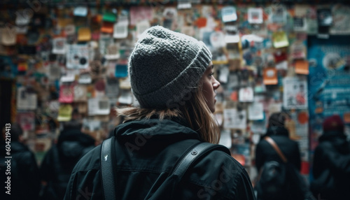 One young woman, standing outdoors, looking at cityscape at night generated by AI