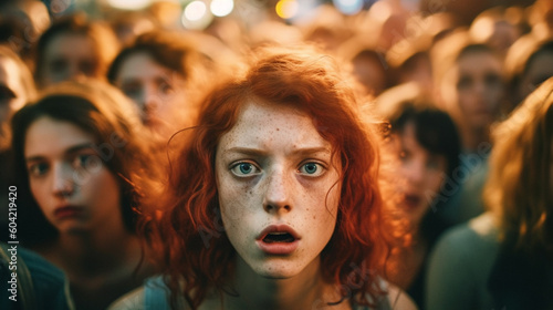 young adult woman in crowd, fictional location