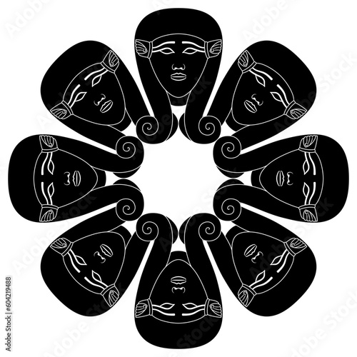 Round ethnic mandala or frame with ethnic masks. Heads of ancient Egyptian goddess Hathor. Black and white silhouette.