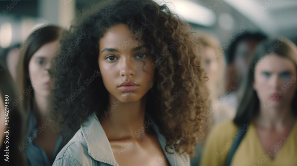 queue women at airport or train station or terminal, shocked and surprised, fictional reason queue women at airport or train station or terminal, shocked and surprised, fictional reason