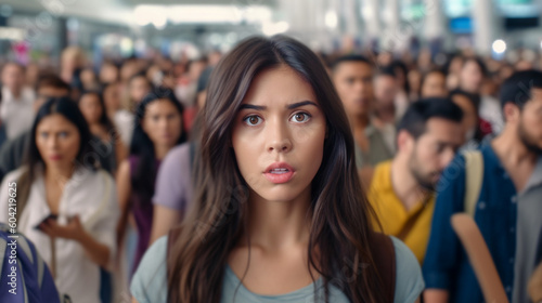 women at airport or train station or terminal, shocked and surprised, fictional reason photo