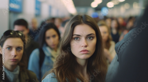 women at airport or train station or terminal, shocked and surprised, fictional reason