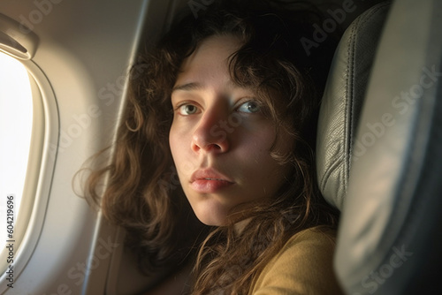 young woman is worried or claustrophobic in narrow plane seat or train seat, comfortable vertical and narrow and narrow seat