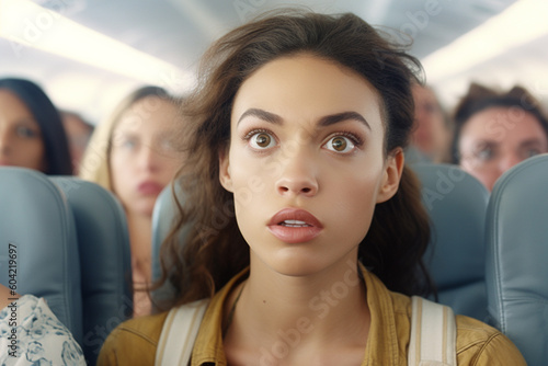 young woman is worried or claustrophobic in narrow plane seat or train seat, comfortable vertical and narrow and narrow seat