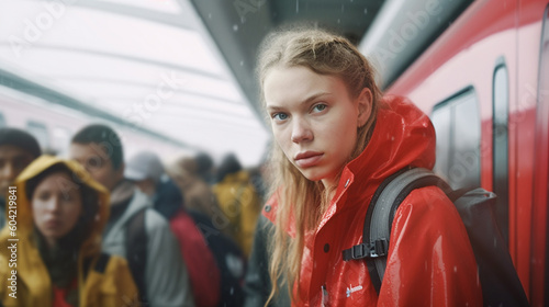 young woman with red hoodie...