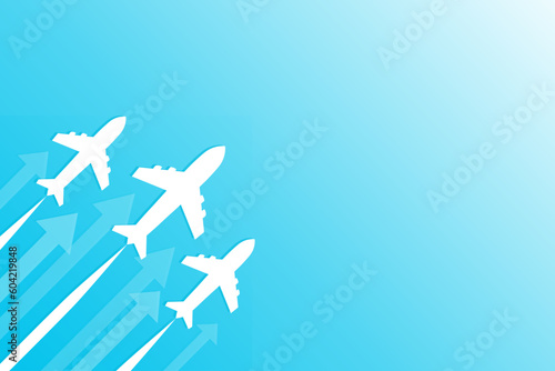 Airplane Background Vector Illustration Graphic Design Blue White Backdrop. Arrow Movement Growth Going Up Forward Transportation Travel Journey Trip Aboard Plane Flying Overseas Vacation Voyage 