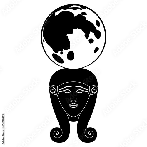 Head of ancient Egyptian goddess Hathor holding full moon. Creative lunar design. Feminine power. Black and white silhouette.