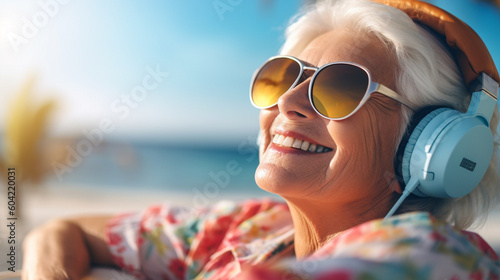 old woman with gray hair listen to music with headphones on vacation or free time on sunny day, beach vacation or emigrated in retirement #604220031