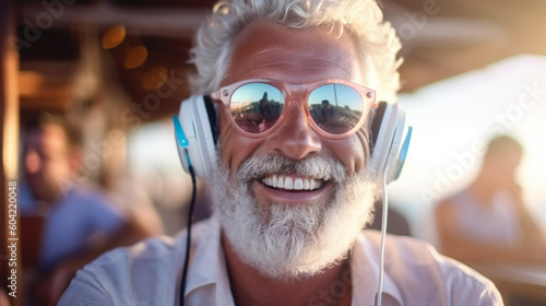 old man with gray hair listen to music with headphones on vacation or free time on sunny day, beach vacation or emigrated in retirement