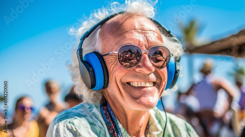 old couple with gray hair listen to music with headphones on vacation or free time on sunny day, beach vacation or emigrated in retirement