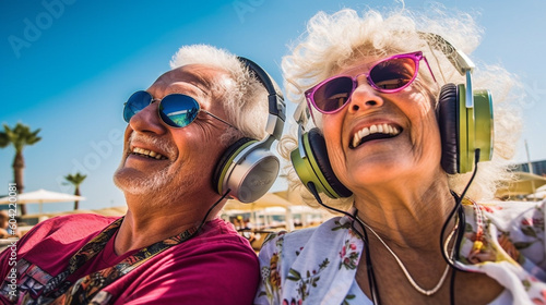 old couple with gray hair listen to music with headphones on vacation or free time on sunny day, beach vacation or emigrated in retirement #604220081