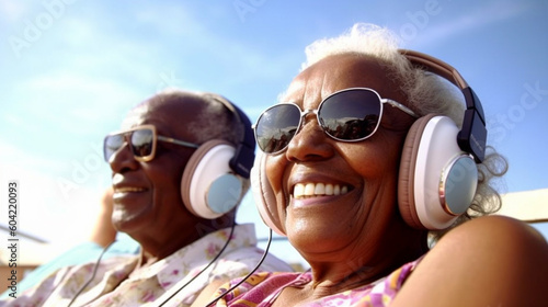 old couple with gray hair listen to music with headphones on vacation or free time on sunny day, beach vacation or emigrated in retirement © wetzkaz