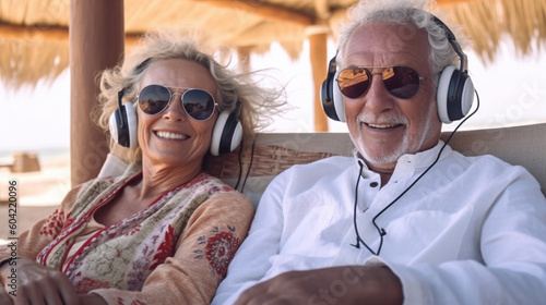 old couple with gray hair listen to music with headphones on vacation or free time on sunny day, beach vacation or emigrated in retirement #604220096