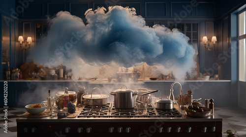 smoke fumes over kitchen stovetop, steam,