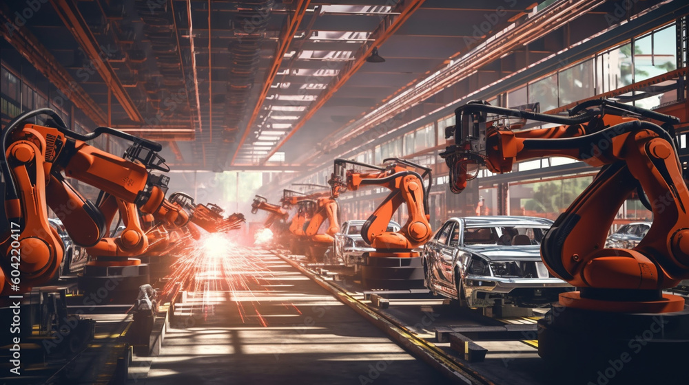 Fotografie autonomous robot factory produces vehicles cars bodies in a big hall on long pro