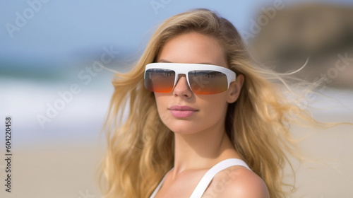 young adult woman with trendy large fashion sunglasses on the sandy beach on the coast at a bay with rocks in the early morning