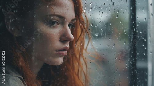 young adult woman standing in the rain, rainy weather and rain showers, fictional problem, negative mood and sad face expression