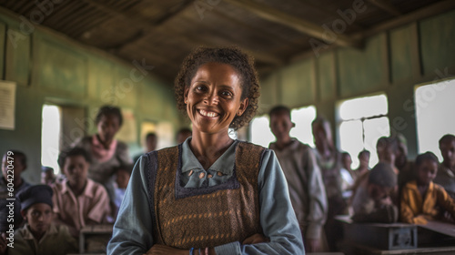 mature adult woman with dark skin in old wooden hut with many people in the background, teacher or orphanage or other fictitious photo